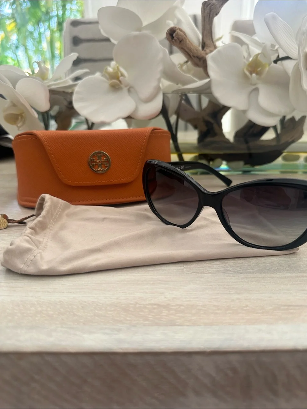 Tory Burch Black Oversized Sunglasses with Orange Case